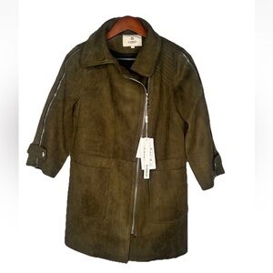 Suede Jacket Womens  L Sage Green Front Zippers & Pockets Olanmear 3/4 Sleeve